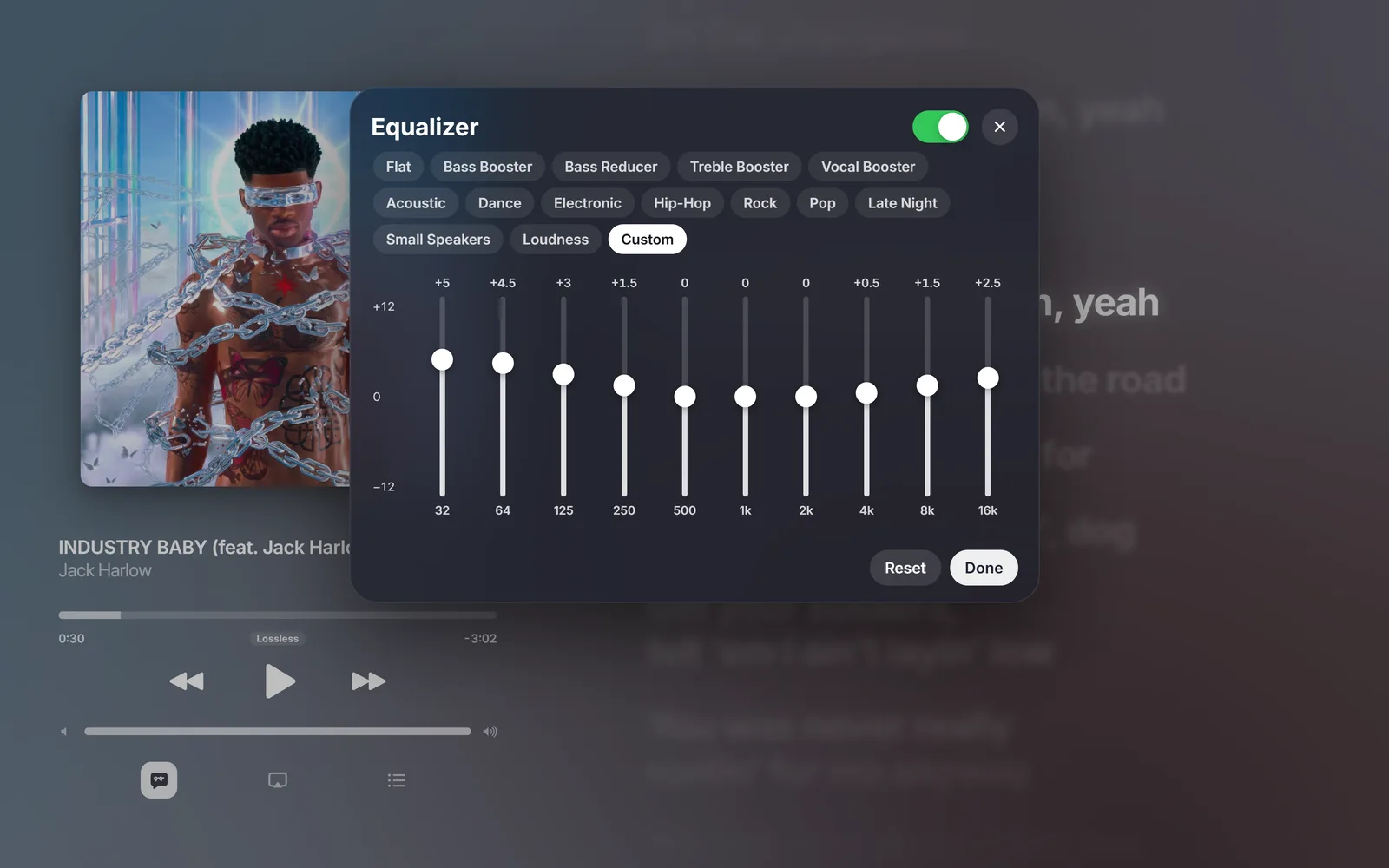 The equalizer with ten sliders and preset buttons