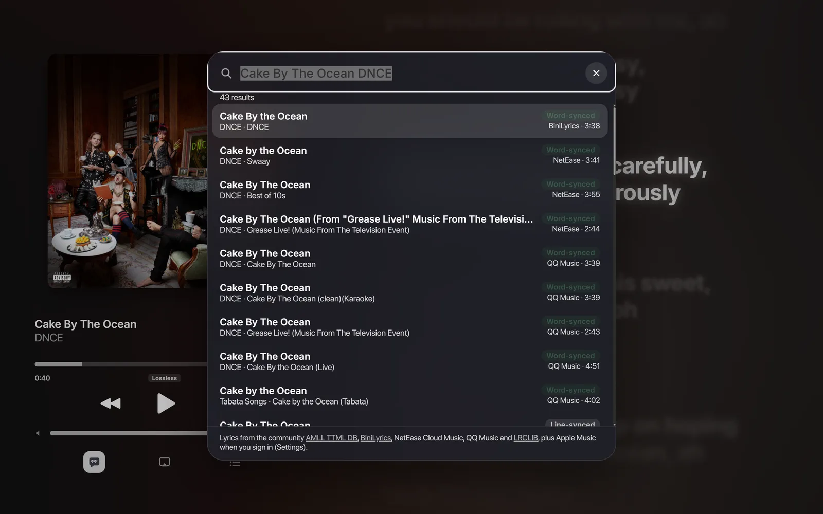 The Find lyrics search with results from BiniLyrics, NetEase and QQ Music, each marked word-synced or line-synced