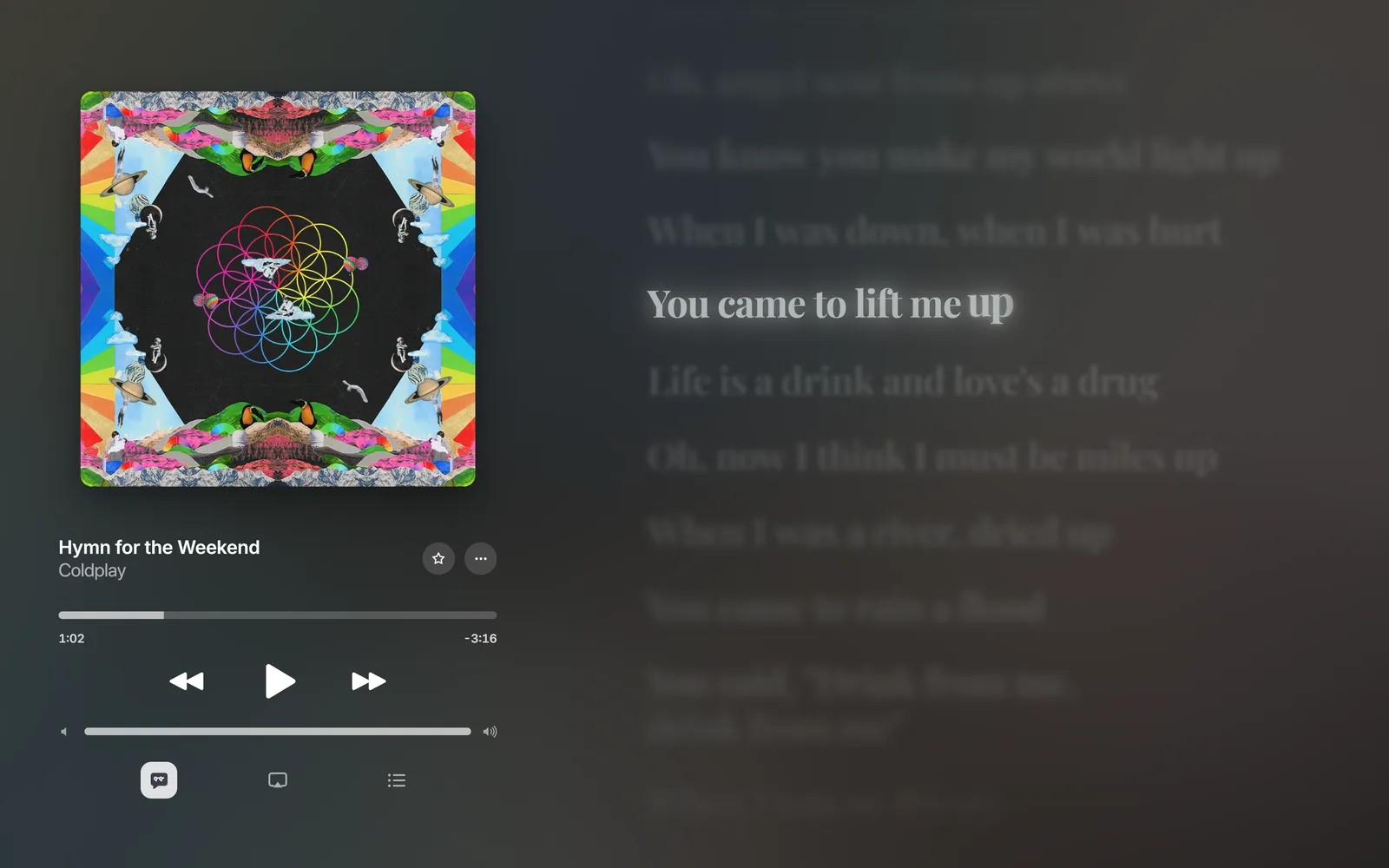 Hymn for the Weekend with the lyrics in a serif font tinted with a colour from the cover