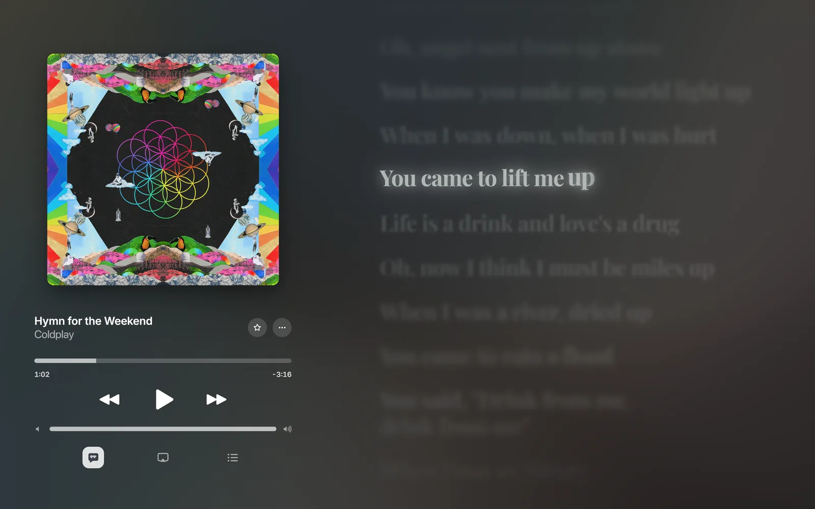 The player with Hymn for the Weekend by Coldplay: the cover on the left, the lyrics on the right over a background taken from the cover