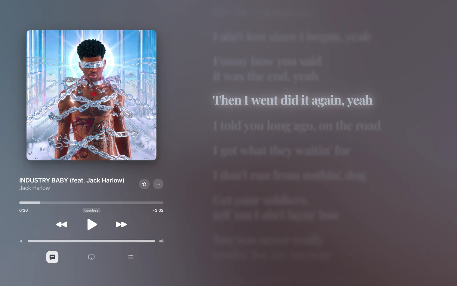 INDUSTRY BABY by Lil Nas X and Jack Harlow in the player, with a pale blue background from its cover