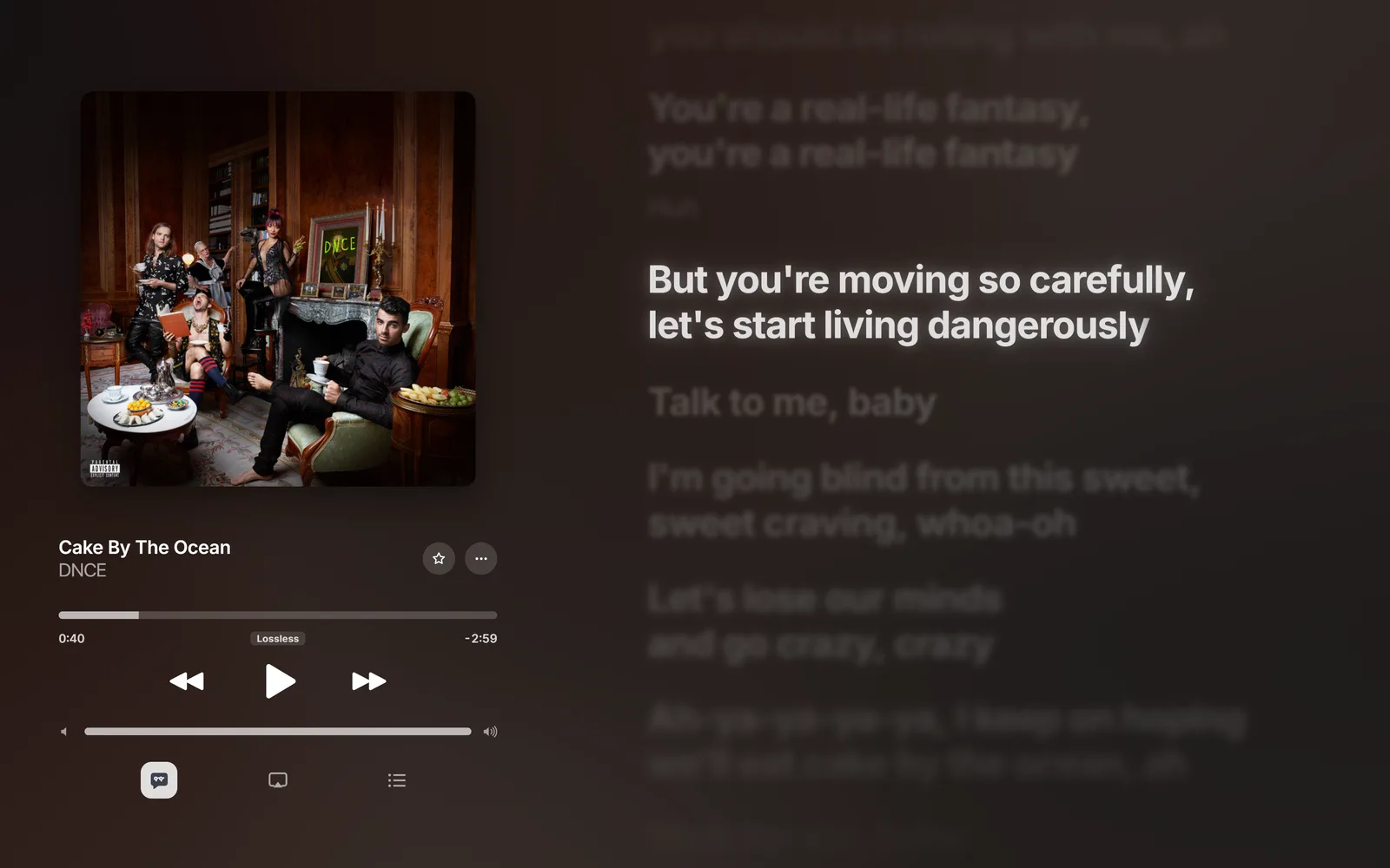 The player: album cover, title, progress bar and controls on the left, lyrics on the right