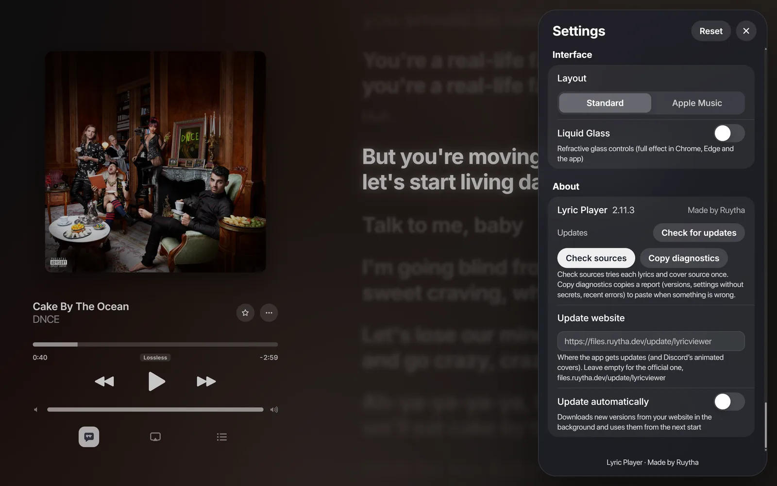 Settings › About: the version, Check for updates, Check sources, Copy diagnostics, Update website and Update automatically
