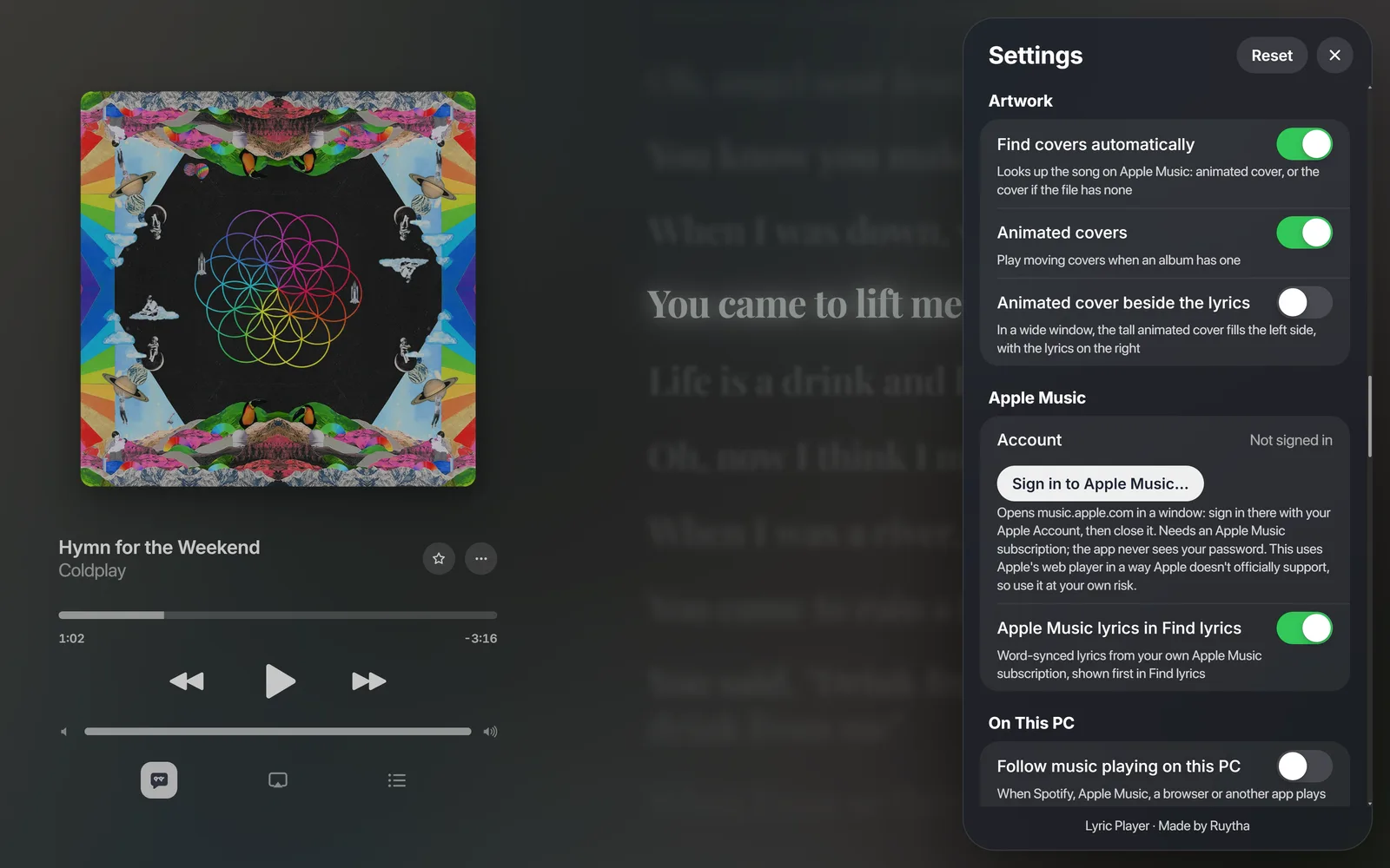 Settings with the Artwork section and the Apple Music section: Sign in to Apple Music, and Apple Music lyrics in Find lyrics