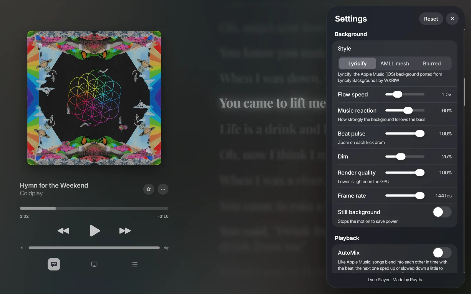 Settings › Background: Style (Lyricify, AMLL mesh, Blurred), Flow speed, Music reaction, Beat pulse, Dim, Render quality, Frame rate and Still background