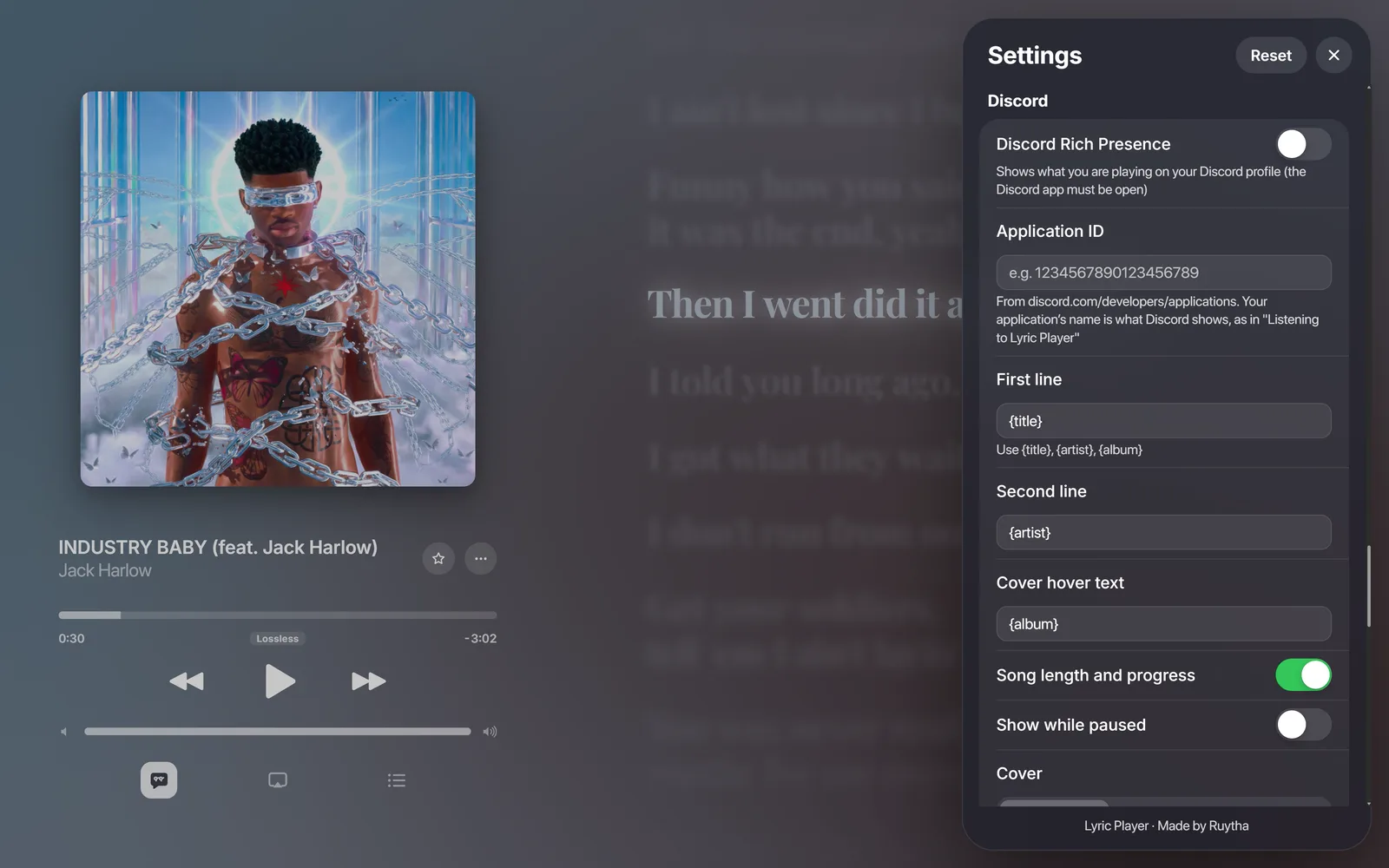 Settings › Discord: Discord Rich Presence, Application ID, First line, Second line, Cover hover text, Song length and progress, Show while paused, and Cover