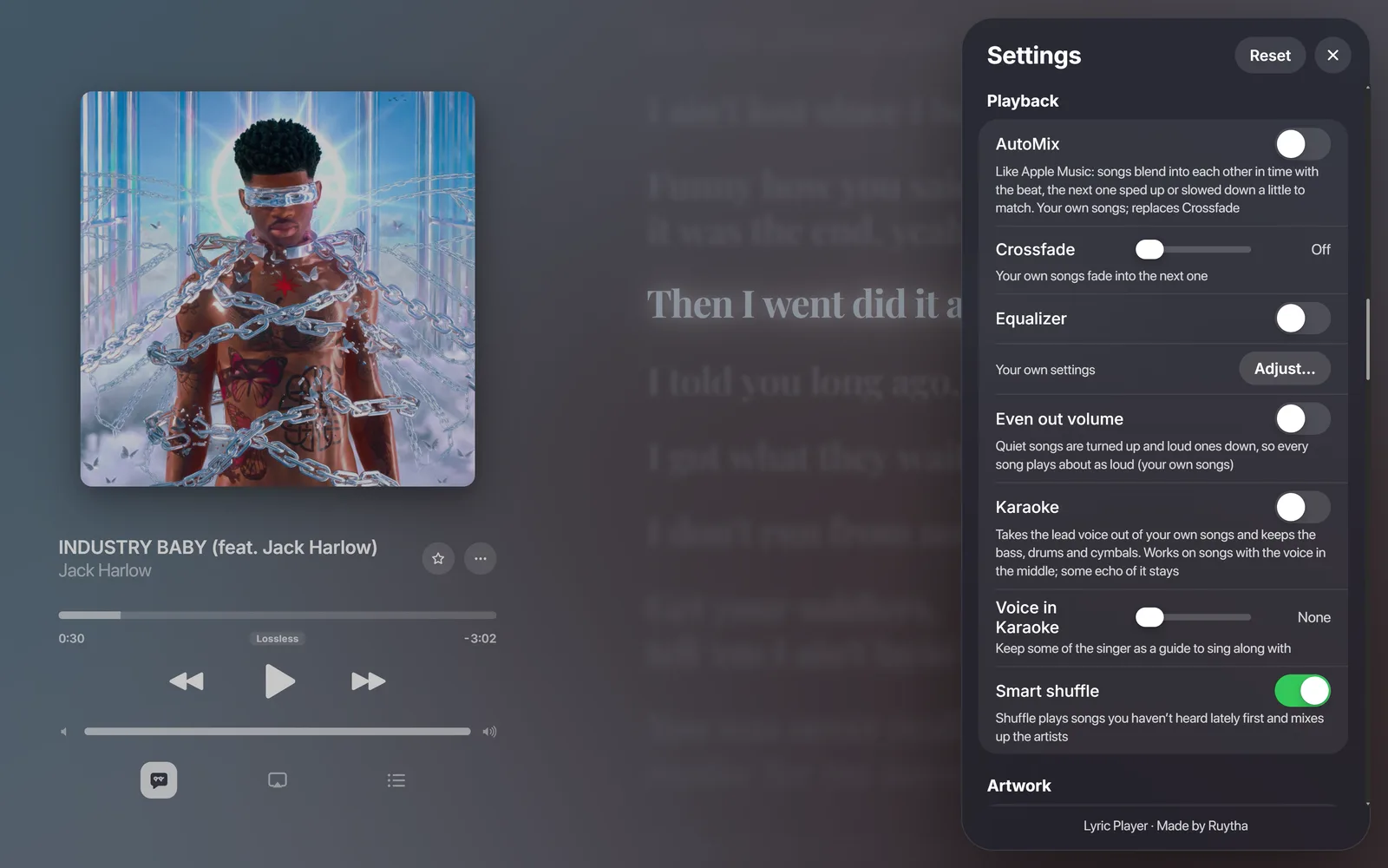 Settings › Playback: AutoMix, Crossfade, Equalizer, Even out volume, Karaoke, Voice in Karaoke and Smart shuffle