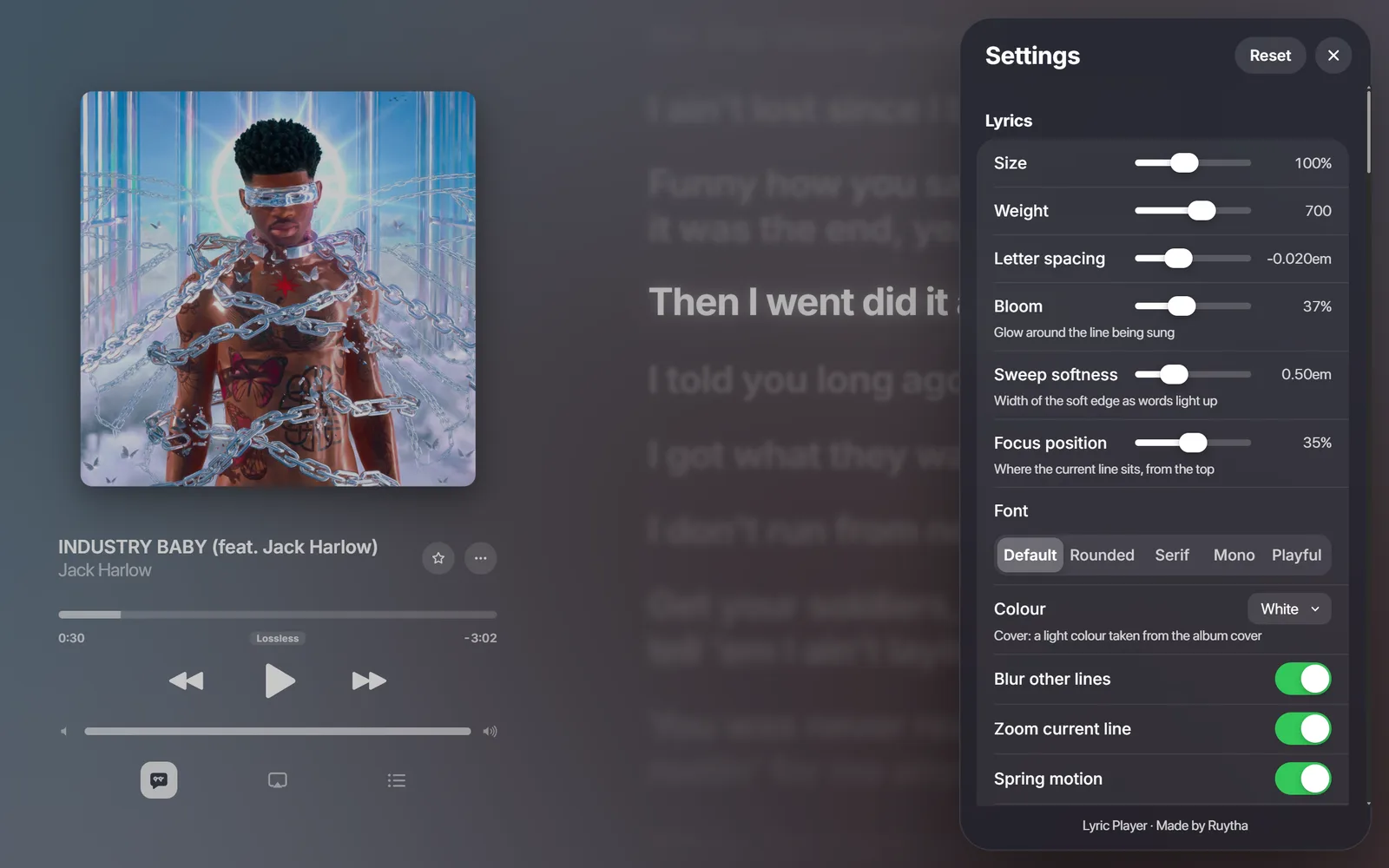 The Settings panel open on the Lyrics section with sliders for size, weight, letter spacing, bloom and sweep softness
