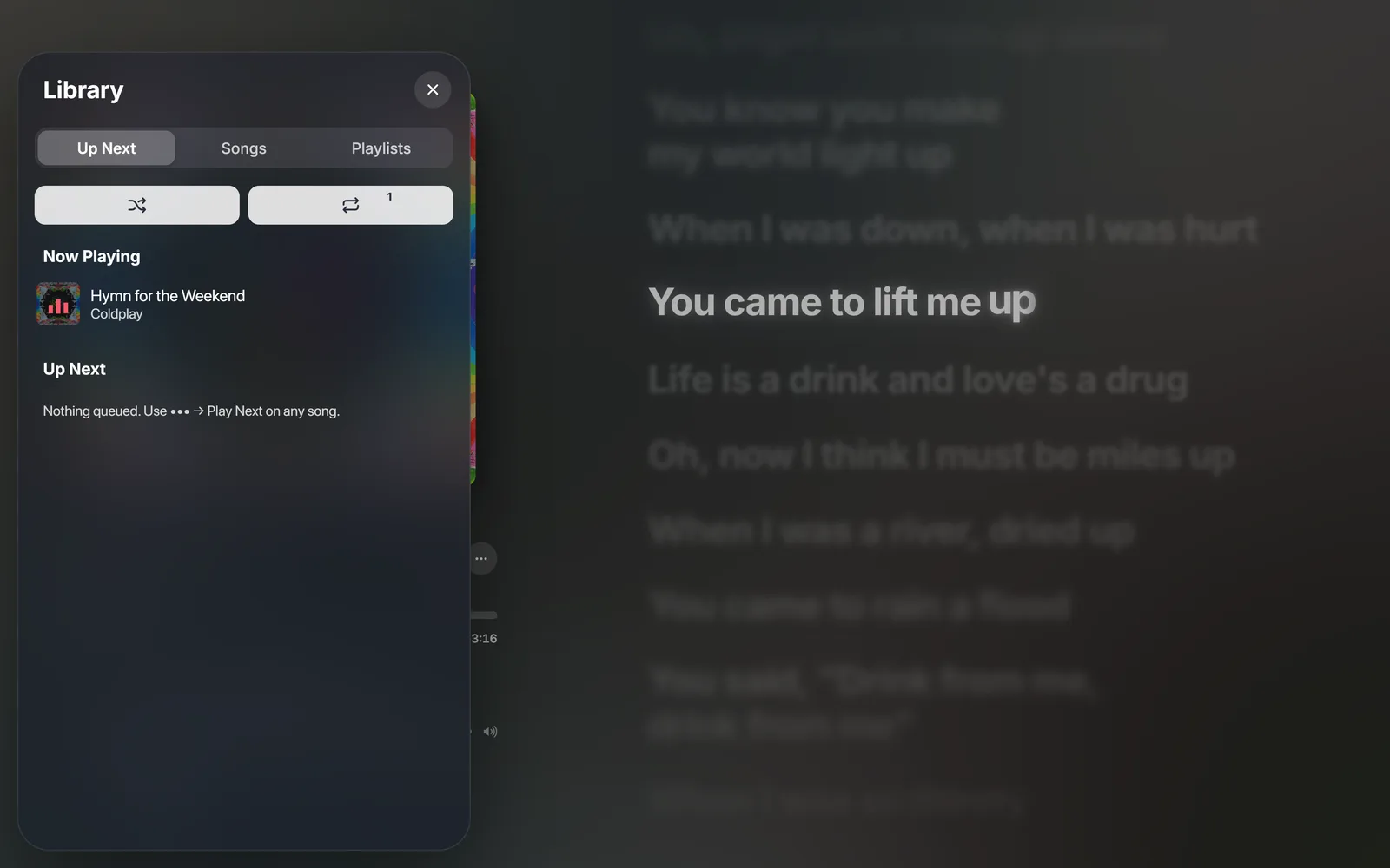 The Library on the Up Next tab: shuffle and repeat buttons, Hymn for the Weekend now playing, and nothing queued yet